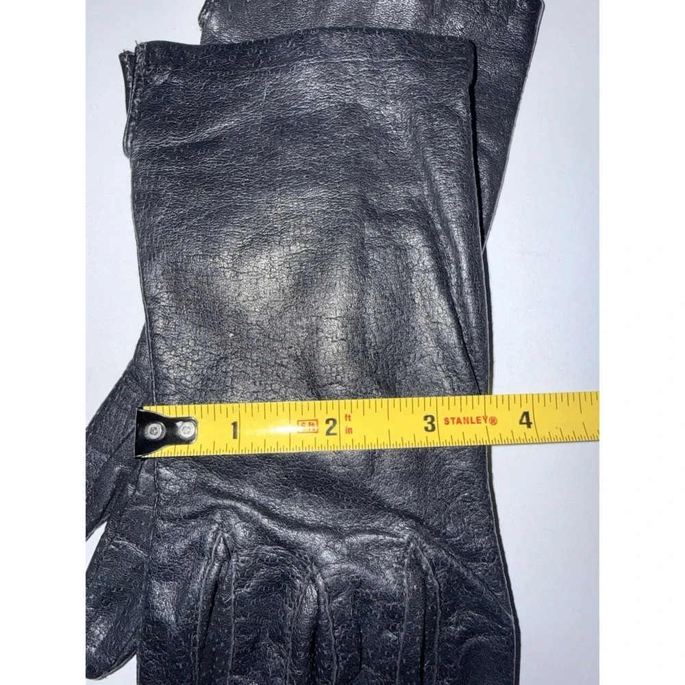 FOWNES Long Vtg Black Leather‎ Soft Gloves Womens Sz 7.5 G